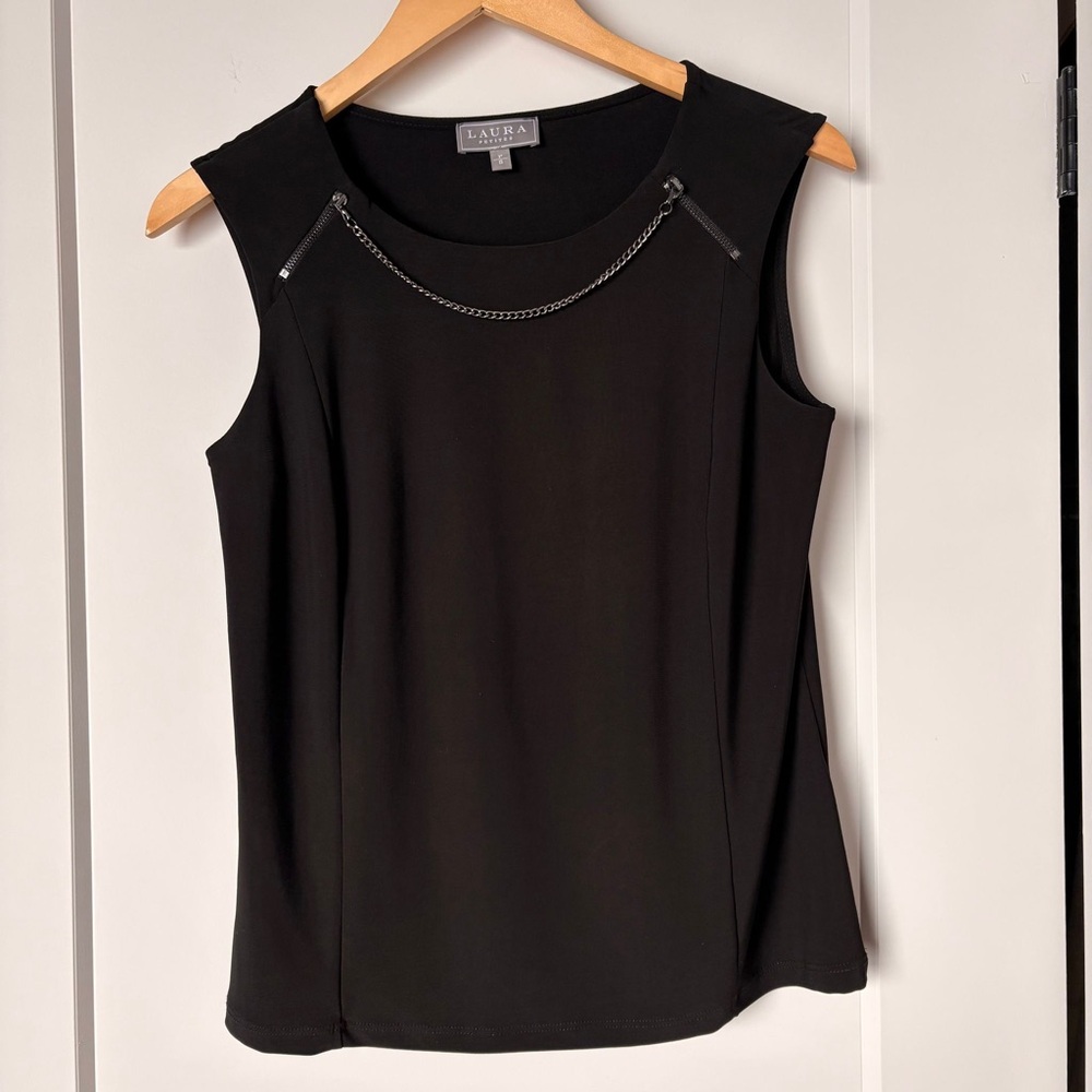 Y2K LAURA Black Sleeveless Zip Top | Chain Detail Minimal Goth - Small